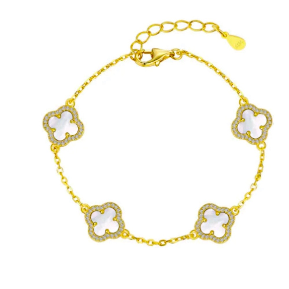 18k Gold .925 Sterling Silver Bracelet with 3 Pearl and Crystal Clovers